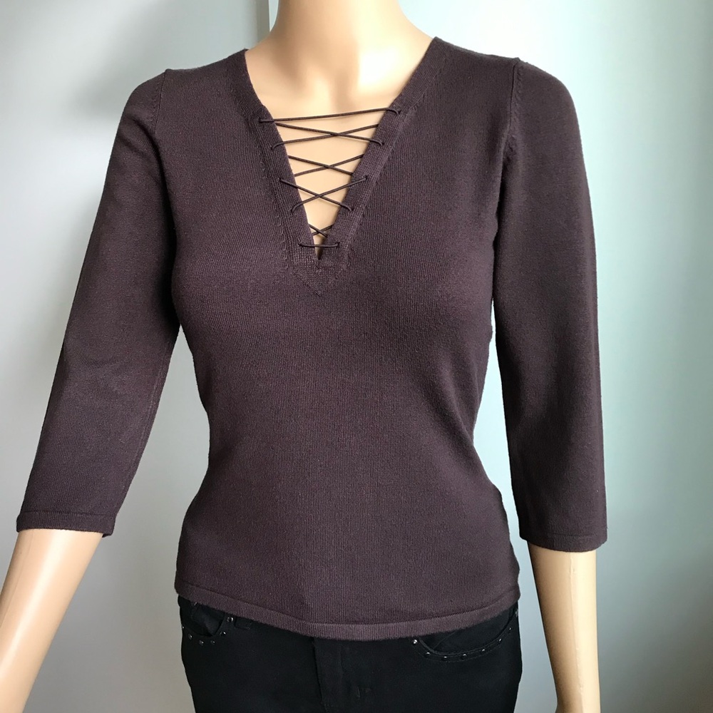 Final sale Express Brown Lace-Up V-Neck lightweight sweater blouse
